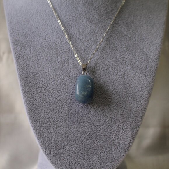 Blue Polished Stone Pendant Necklace on Silver Chain – Natural Gem Look - Picture 5 of 5